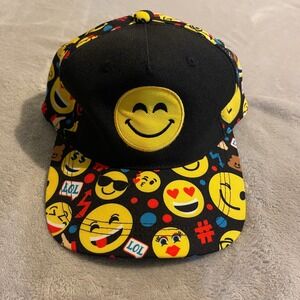 Emoji Smiley Face Snapback Hat Black Yellow Fun Novelty Unisex Streetwear